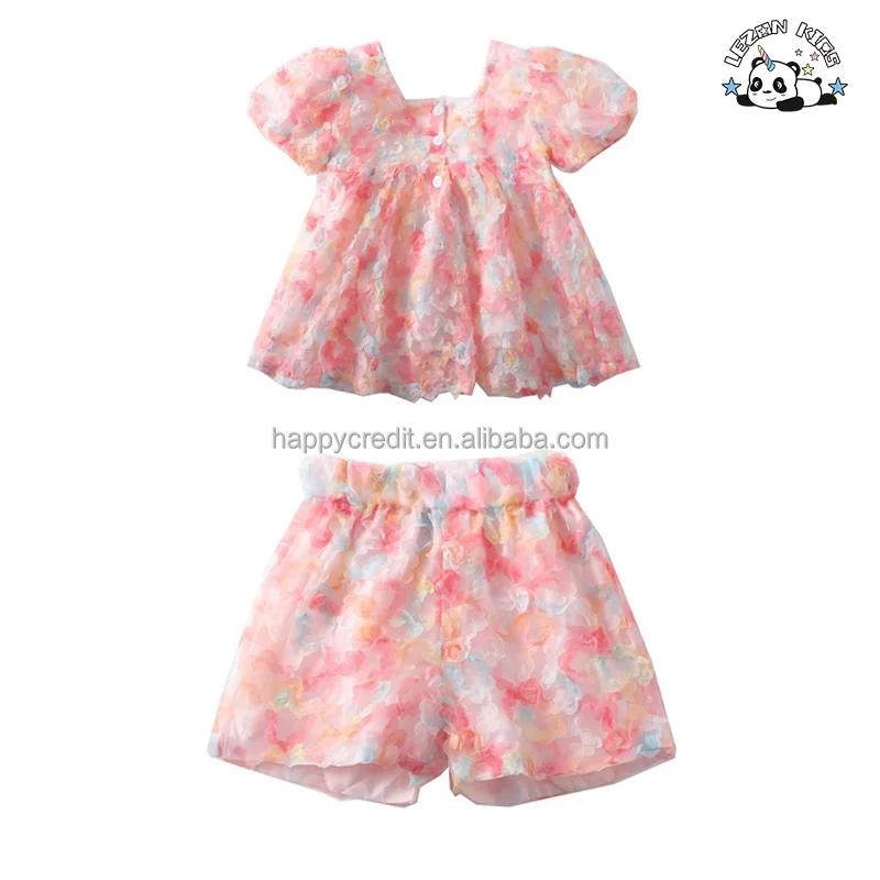 LEZONKIDS - Conjunto de Duas Peças de Renda de Pétala Super Imortal para Meninas para Performance de Festival Infantil Manga Bola de Flor Conjunto de Roupas para Meninas